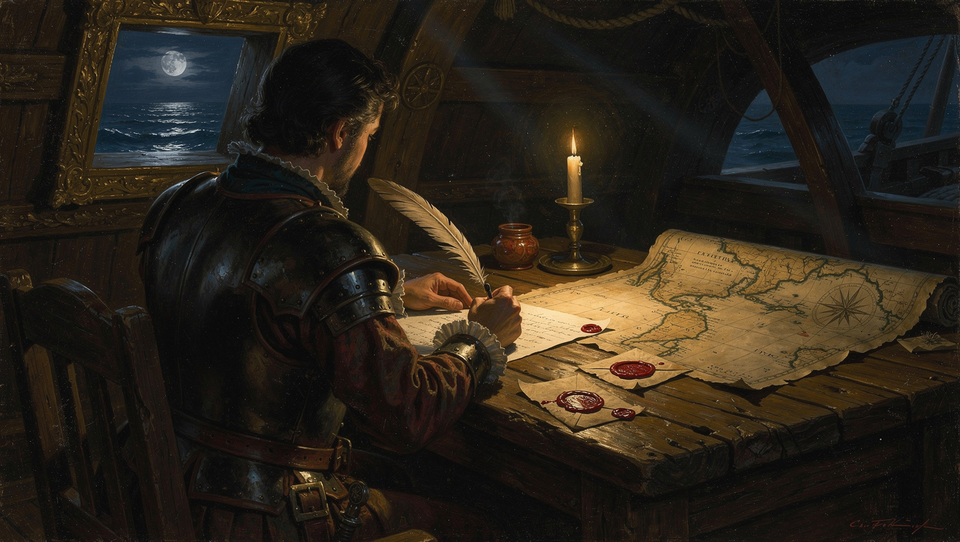 Loarca escribe sus cartas a la luz de una vela, 1564